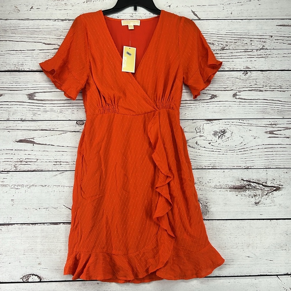 Michael Michael Kors Women’s Orange Ruffled Zippered Smocked Front Waist Lined